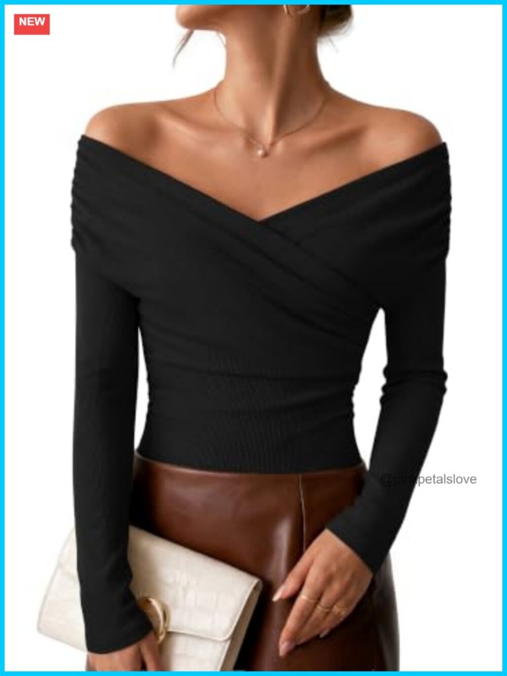 Off Shoulder Wrap Long Sleeve Ruched Slim Fit Top
